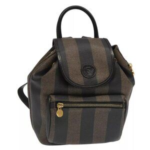 FENDI Pecan Canvas Backpack Brown Black gold Auth